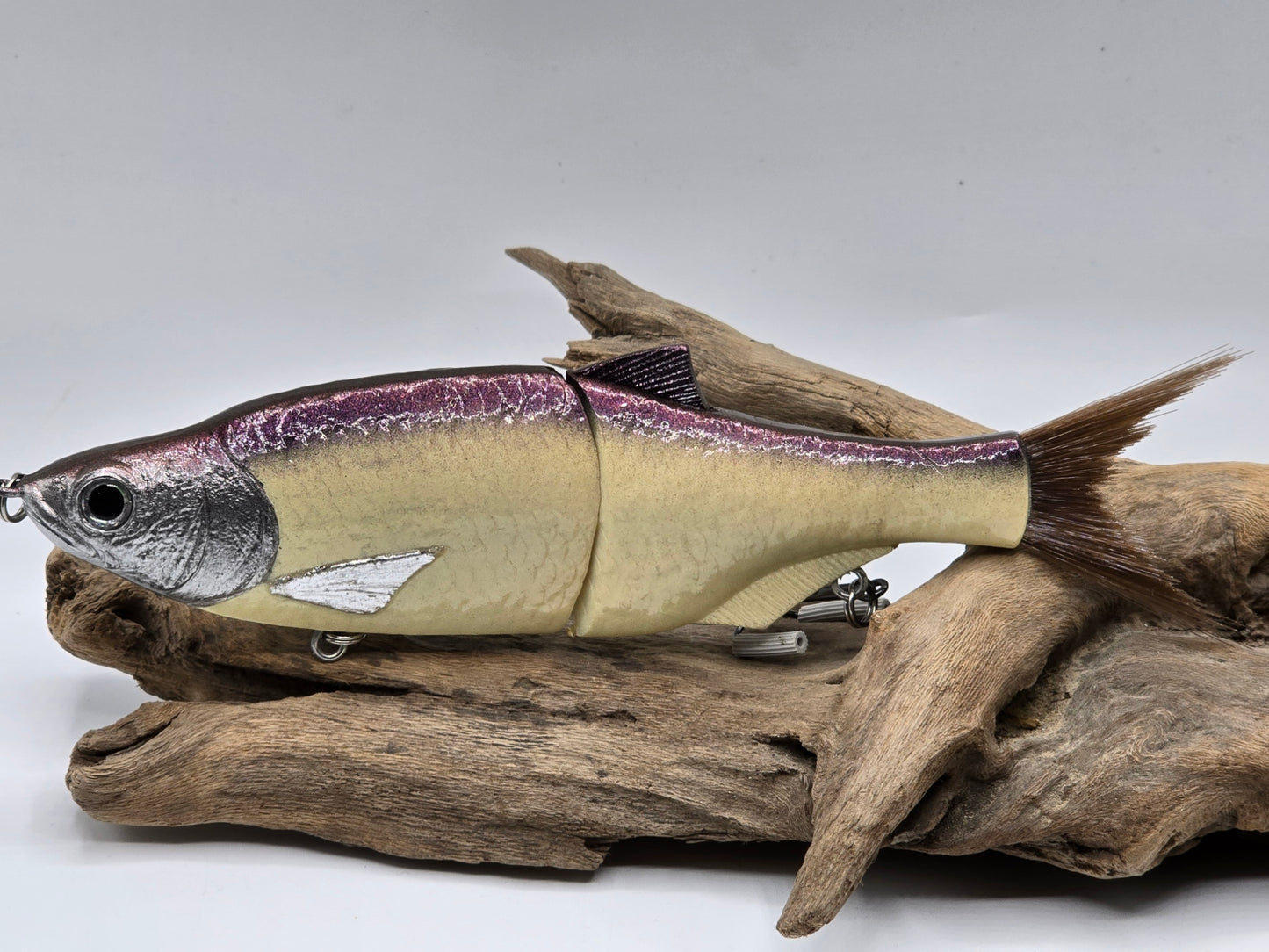 Rad Shad glide bait in bone and chrome displayed on a piece of driftwood.